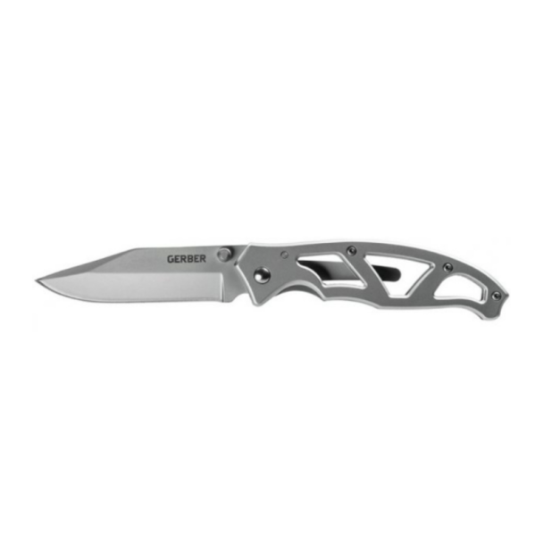 Gerber Paraframe I foldekniv med glat klinge og åbent stålgreb på hvid baggrund