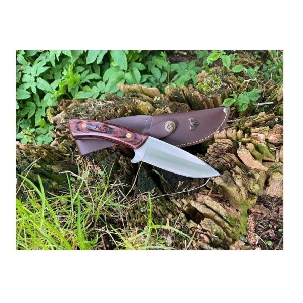 Cudeman Colibri II jagtkniv med træhåndtag og læderskede placeret i naturen på træstub