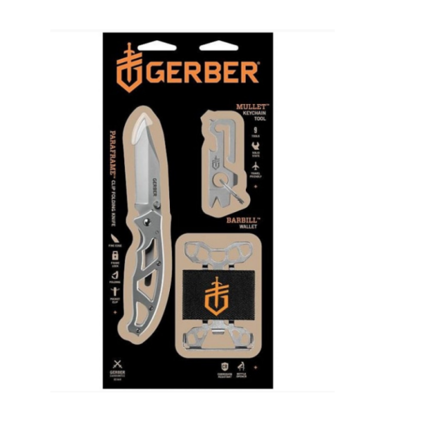Gerber Paraframe I kniv med Mullet multitool og Barbill wallet