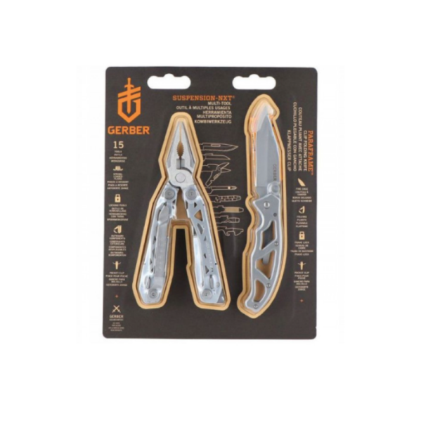 Gerber Suspension NXT multitool og Paraframe foldekniv i original emballage som sæt
