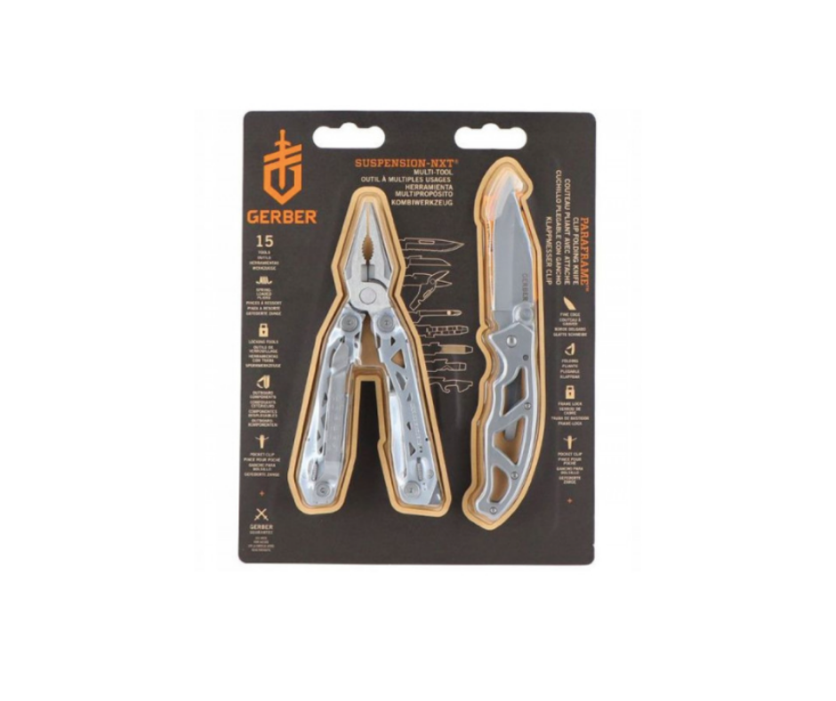Gerber Suspension NXT multitool og Paraframe foldekniv i original emballage som sæt