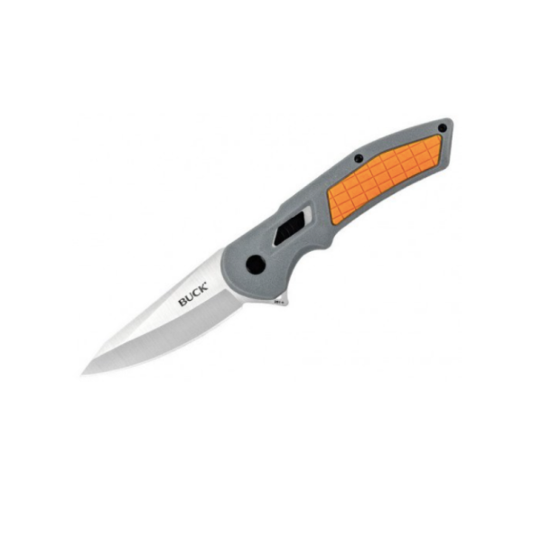 Buck Hexam foldekniv med gråt håndtag og orange grebszone i åben position