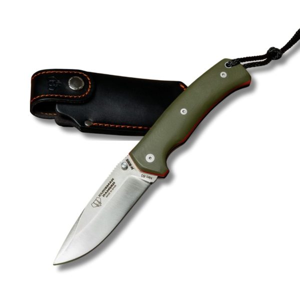 Cudeman RANGER 327-GVF foldekniv med 100 mm Böhler N-695 stålblad, grønt G10-skaft og sort læderskede vist i åben position.