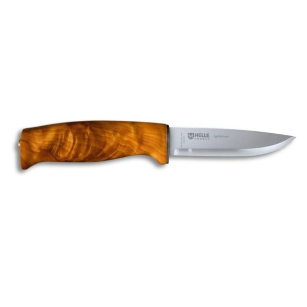 Helle Fjellkniven 12C27 outdoor knife with a polished stainless steel blade and curly birch wood handle, displayed on a white background.