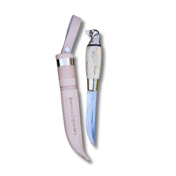 Iisakki Järvenpää Hound Dog-kniv med smal, skarp stålklinge og ergonomisk formet træskaft i traditionelt finsk jagtdesign.