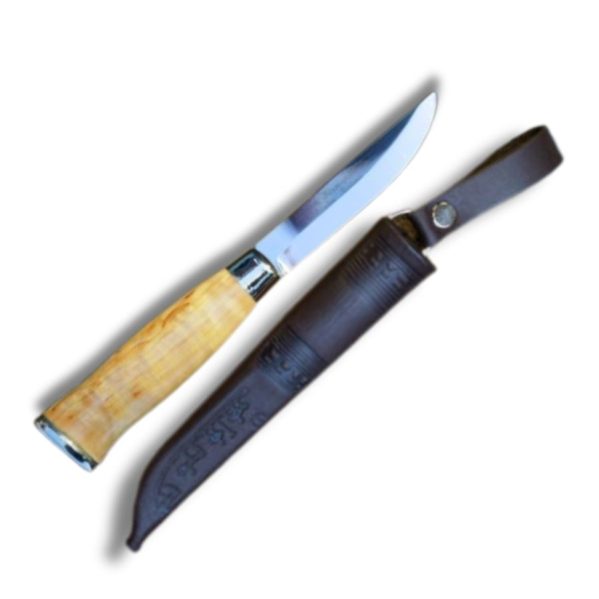 Iisakki Järvenpää Jätkänvuolu-kniv i rustfrit stål med lang, slank stålklinge og mørkebrunt, ergonomisk formet træskaft i traditionelt finsk design.