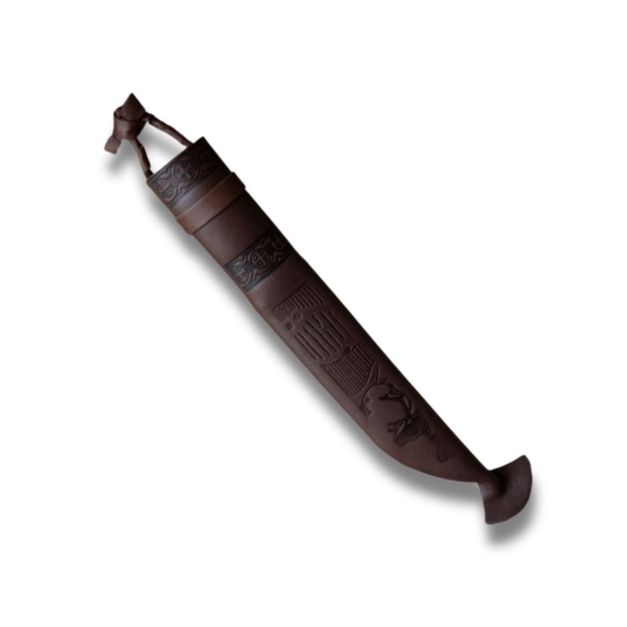 Poromiehen Leuku-kniv med kraftig, bred stålklinge og ergonomisk formet træskaft i traditionelt samisk design.