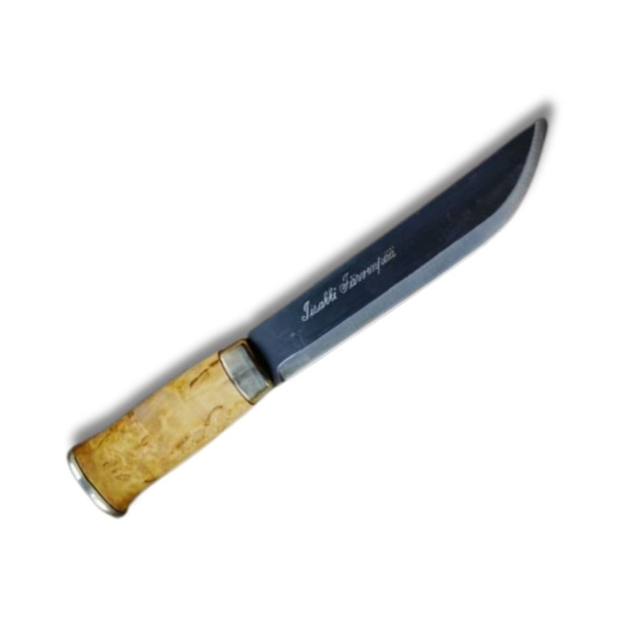 Poromiehen Leuku-kniv med kraftig, bred stålklinge og ergonomisk formet træskaft i traditionelt samisk design.