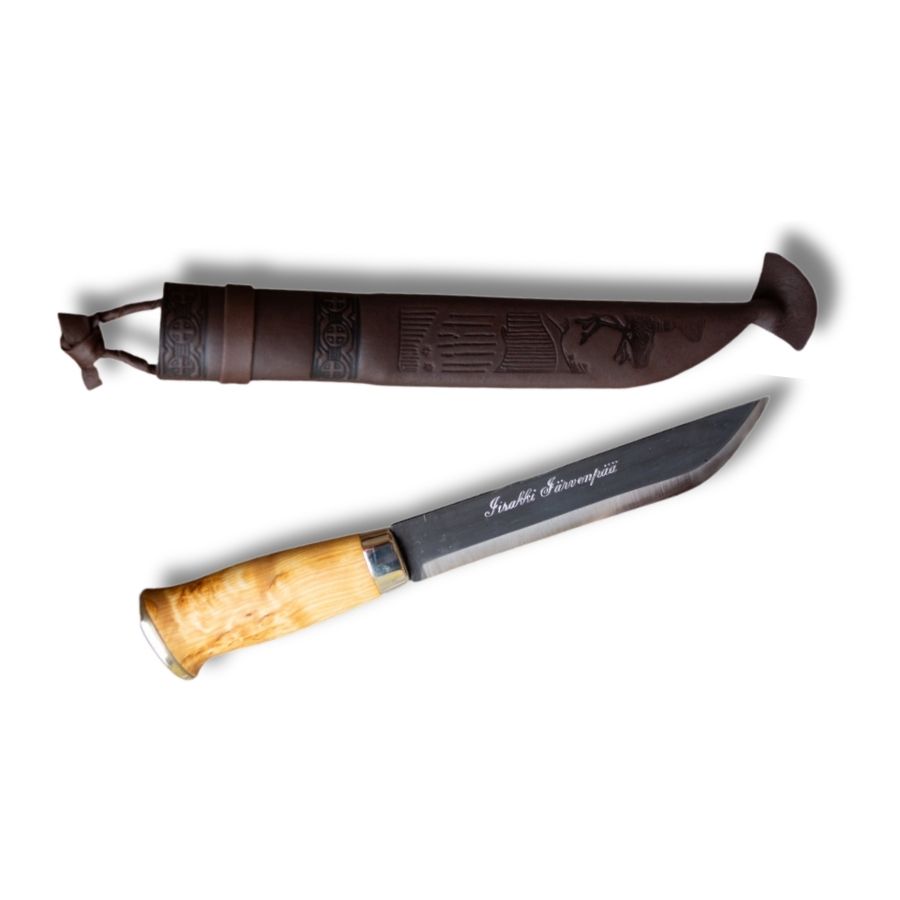 Poromiehen Leuku-kniv med kraftig, bred stålklinge og ergonomisk formet træskaft i traditionelt samisk design.