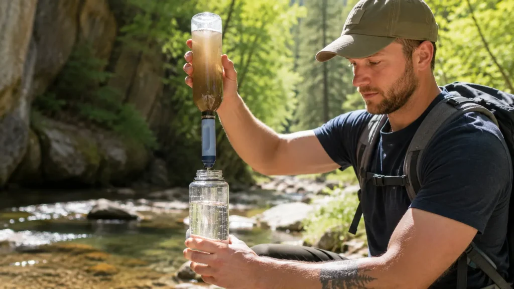 Mand filtrerer vand fra en skovbæk med et LifeStraw vandfilter under outdoor tur i naturen